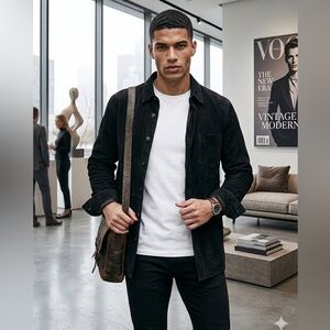 VTG AZIL Black Suede Leather Shirt Jacket Mens M Shacket Made In Korea (Read)